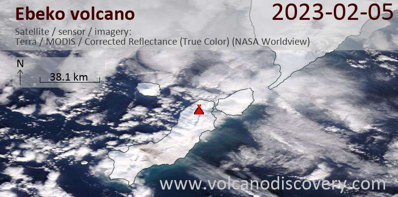 Satellite image of Ebeko volcano on  5 Feb 2023