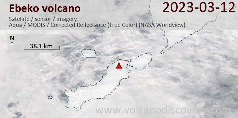 Satellite image of Ebeko volcano on 13 Mar 2023