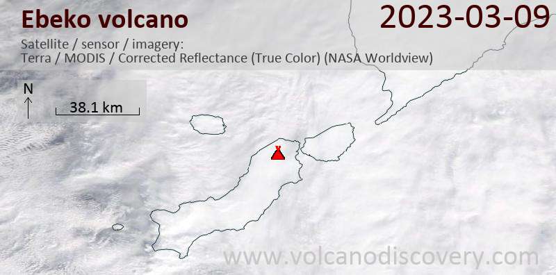 Satellite image of Ebeko volcano on  9 Mar 2023
