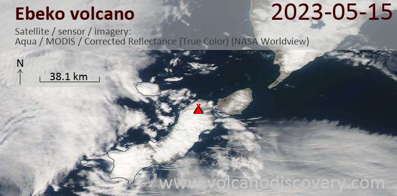 Satellite image of Ebeko volcano on 15 May 2023