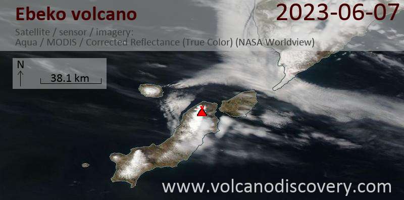 Satellitenbild des Ebeko Vulkans am  7 Jun 2023