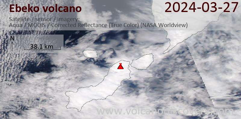 Satellitenbild des Ebeko Vulkans am 27 Mar 2024