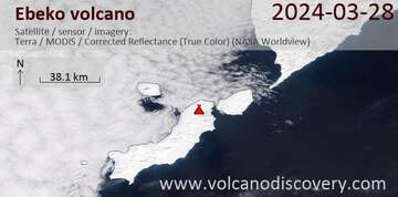 Satellite image of Ebeko volcano on 28 Mar 2024