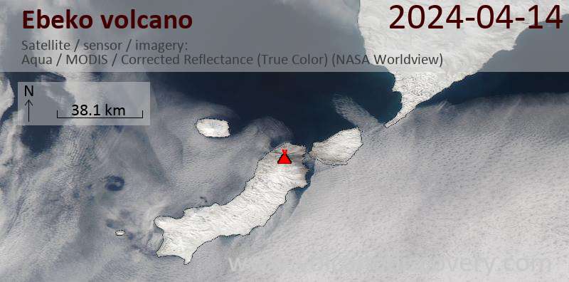 Satellite image of Ebeko volcano on 15 Apr 2024