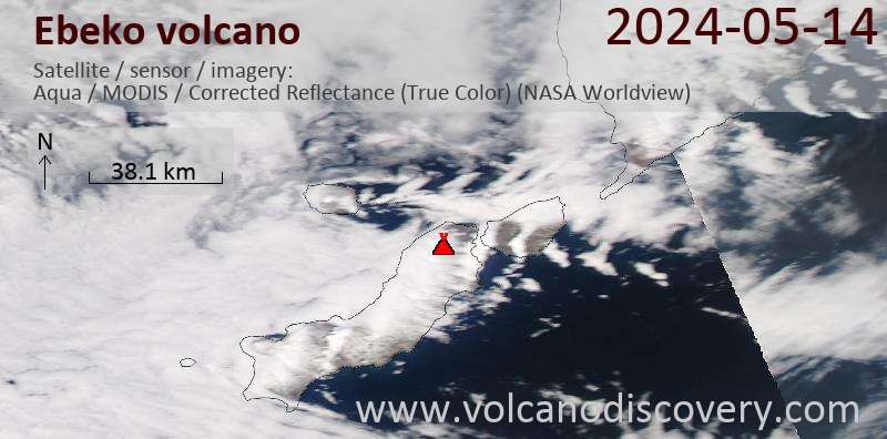 Satellite image of Ebeko volcano on 14 May 2024