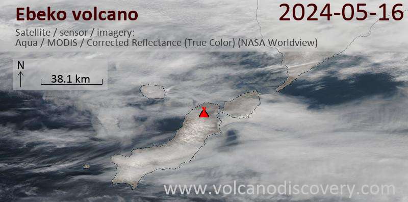 Satellite image of Ebeko volcano on 16 May 2024