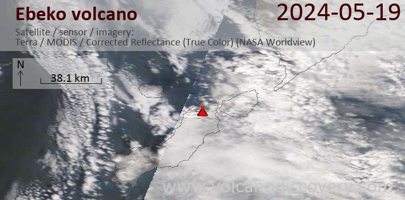 Satellite image of Ebeko volcano on 19 May 2024