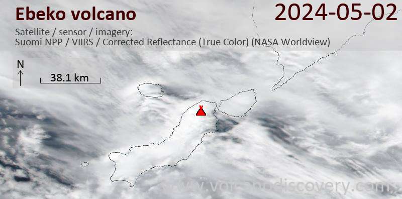 Satellite image of Ebeko volcano on  2 May 2024