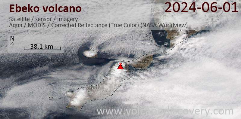 Satellite image of Ebeko volcano on  1 Jun 2024