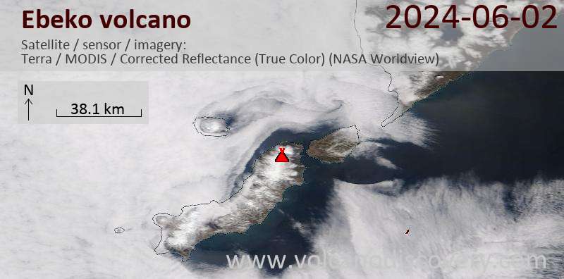 Satellite image of Ebeko volcano on  2 Jun 2024