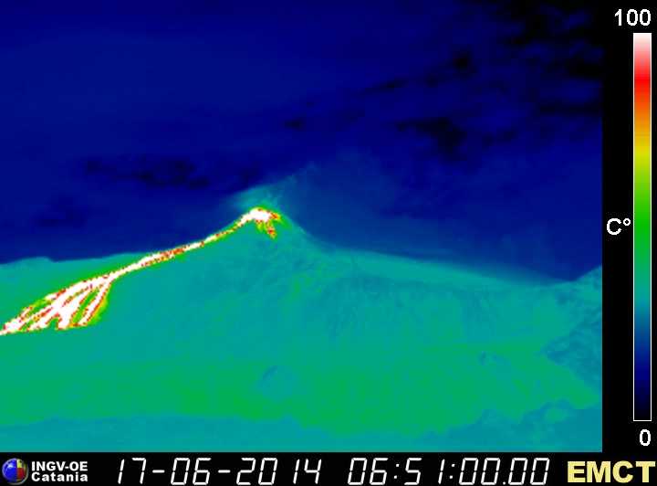 The lava flows from Etna's New SE crater seen on the thermal webcam on Monte Cagliato (INGV Catania) this morning