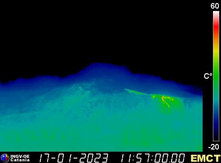 Thermal webcam view of the (now cooling) lava flow as of 17 Jan 2023; it seems no longer active (image: INGV Catania thermal webcam)