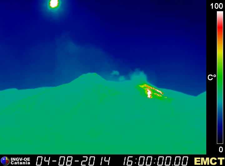 Thermal image of Etna's active lava flows from the effusive vent at the base of the NE crater (Monte Cagliato thermal webcam, INGV Catania)