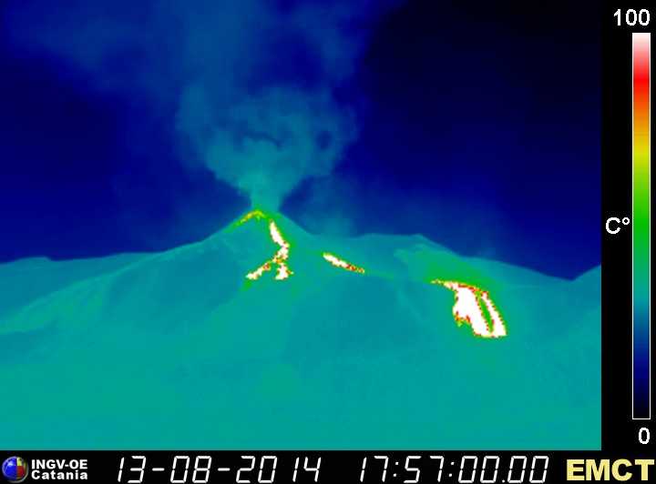 Thermal image of Etna's active lava flows from the New SE crater (Monte Cagliato thermal webcam, INGV Catania)