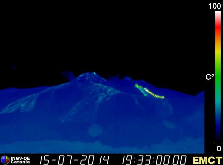 Thermal image of Etna's active lava flows from the effusive vent at the base of the NE crater (Monte Cagliato thermal webcam, INGV Catania)