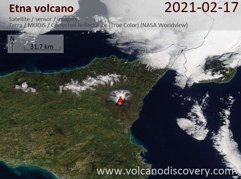 Satellitenbild des Etna Vulkans am 18 Feb 2021