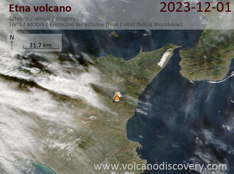 Satellite image of Etna volcano on  1 Dec 2023