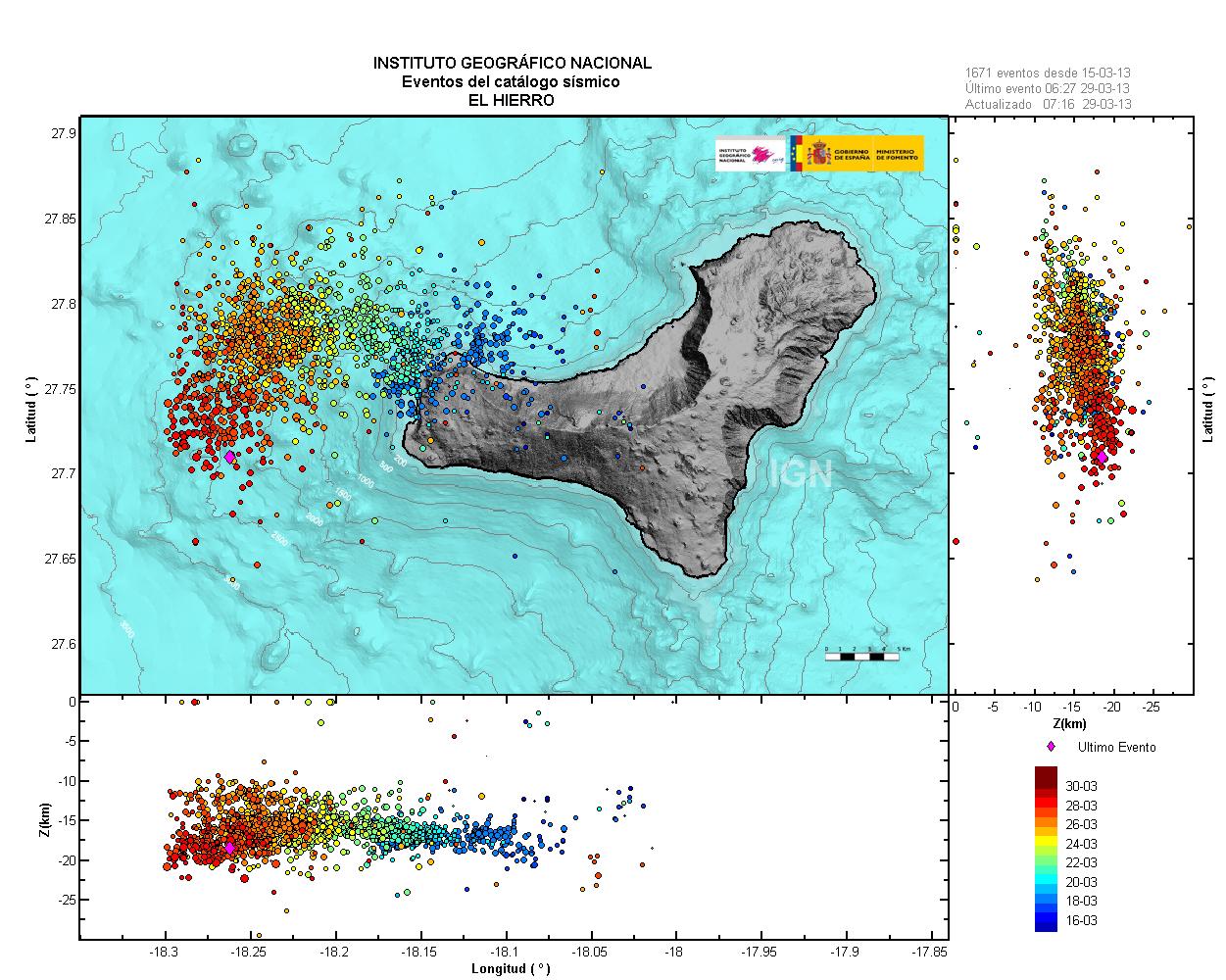 Map and location of recent quakes at El Hierro (IGN)