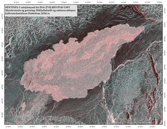 A SENTINEL-1 radar image from ESA 27.02.2015 showed that there had not been an increase in the extent of the Holuhraun lava field since the middle of February.