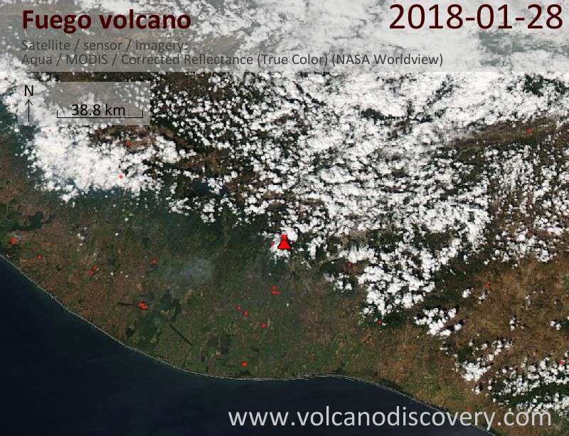 Satellite image of Fuego volcano on 28 Jan 2018