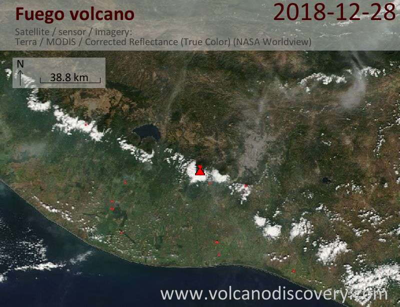 Satellite image of Fuego volcano on 28 Dec 2018