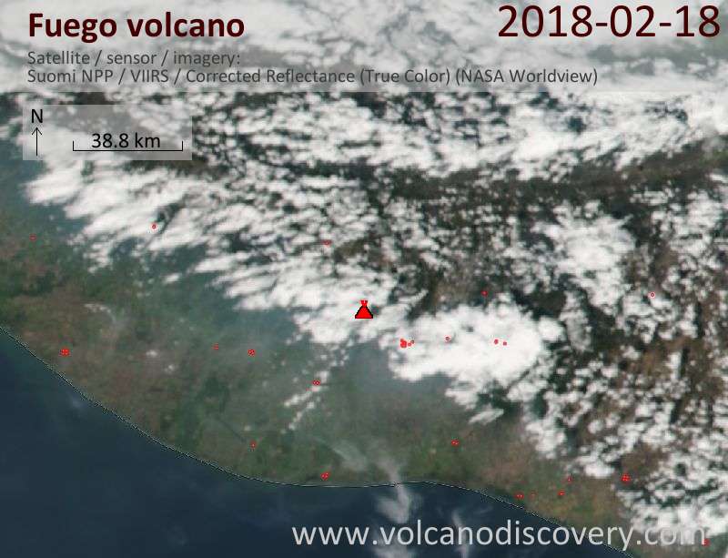 Satellite image of Fuego volcano on 18 Feb 2018