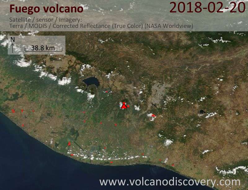 Satellite image of Fuego volcano on 20 Feb 2018