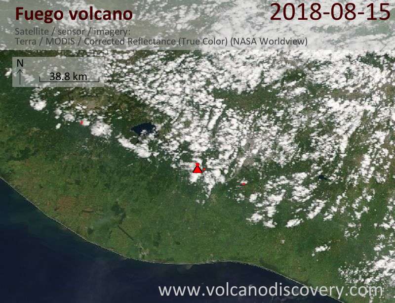 Satellite image of Fuego volcano on 15 Aug 2018