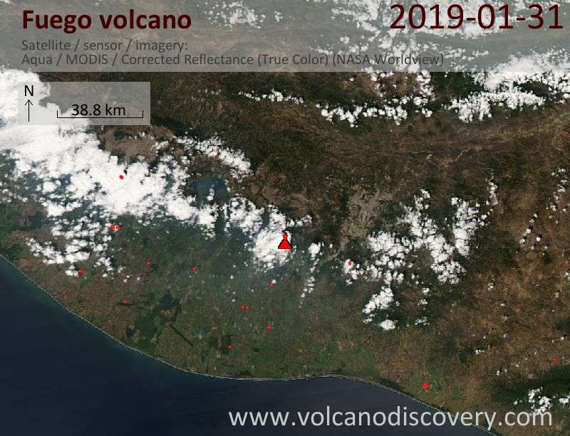 Satellite image of Fuego volcano on 31 Jan 2019