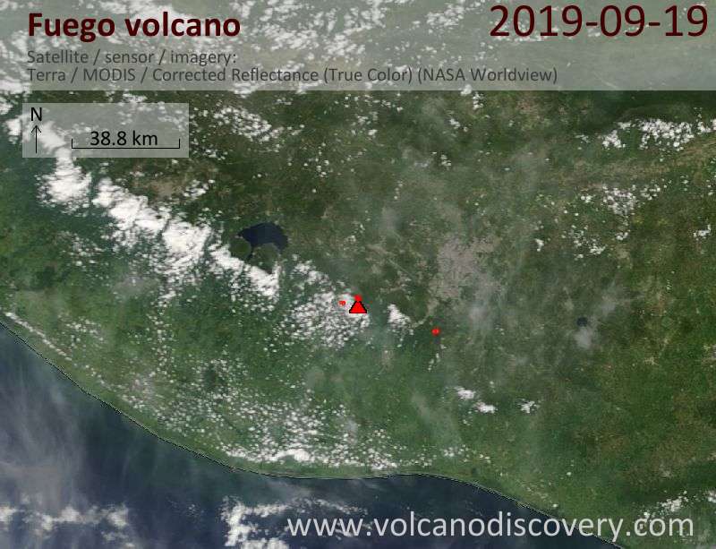 Satellite image of Fuego volcano on 19 Sep 2019