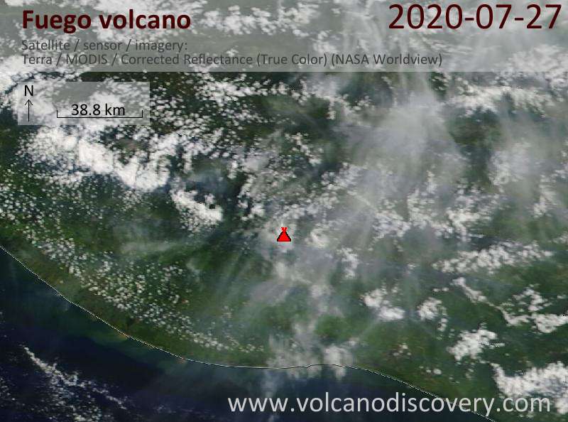 Satellite image of Fuego volcano on 27 Jul 2020