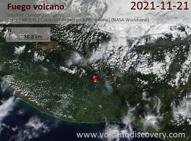 Satellite image of Fuego volcano on 22 Nov 2021