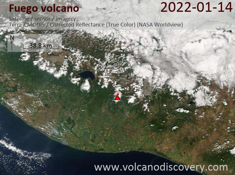 Satellite image of Fuego volcano on 15 Jan 2022