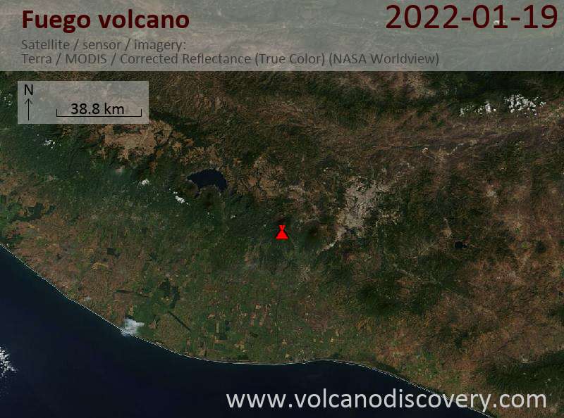 Satellite image of Fuego volcano on 19 Jan 2022