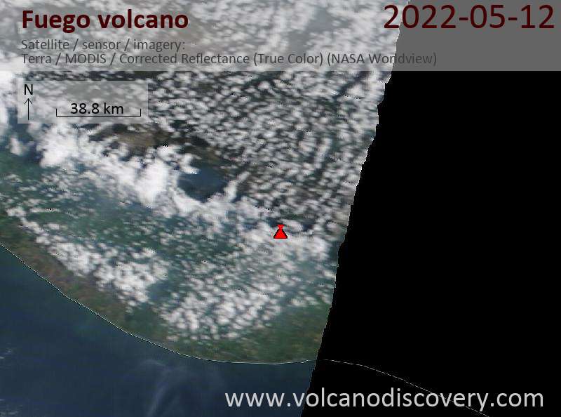 Satellitenbild des Fuego Vulkans am 12 May 2022