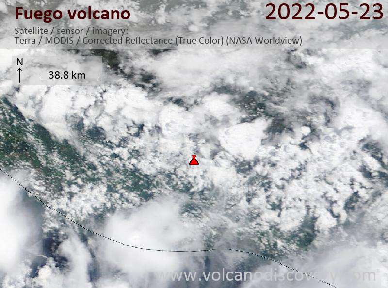 Satellitenbild des Fuego Vulkans am 24 May 2022