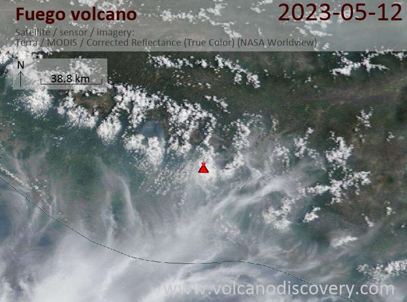 Satellite image of Fuego volcano on 13 May 2023