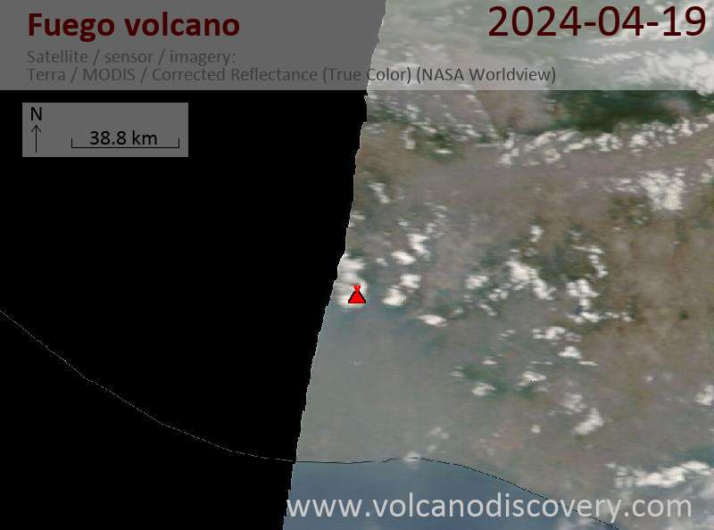 Спутниковое изображение вулкана Fuego 19 Apr 2024