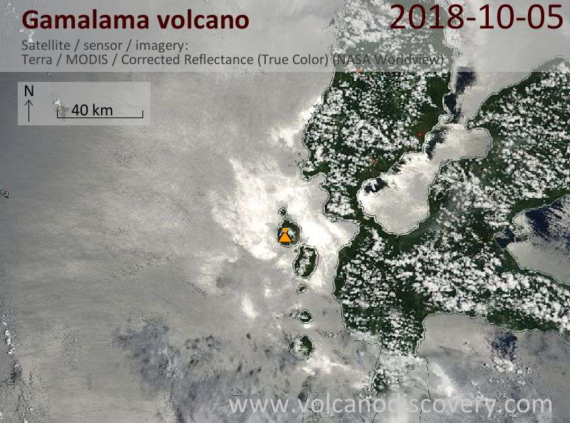Satellite image of Gamalama volcano on  5 Oct 2018