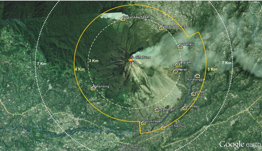 Map of Sinabung volcano with the location of the 3, 4/5 and 7 km exclusion zones