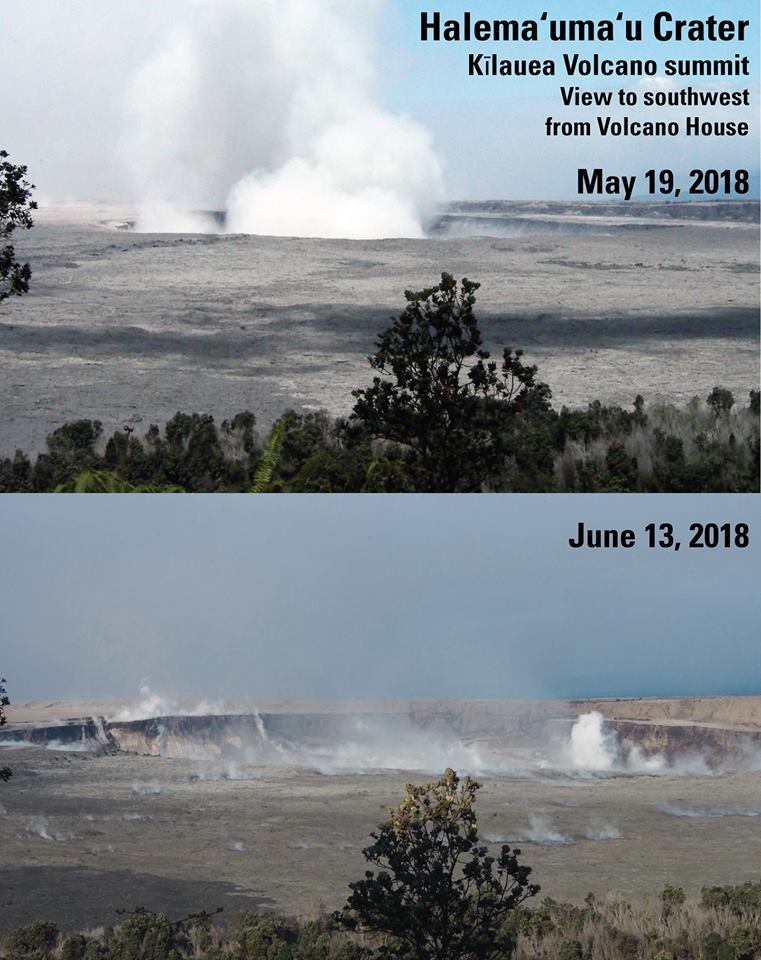 Comparison of Halema`uma`u photos taken from the same location in Volcano House on the north rim of Kilauea caldera on May 19 and June 13, 2018. The focal length of the lens for each photo is almost the same. The photos show the enlargement of Halema`uma`u laterally and vertically -- note how much lower the rim is relative to the tree in June compared to May. (HVO/USGS)