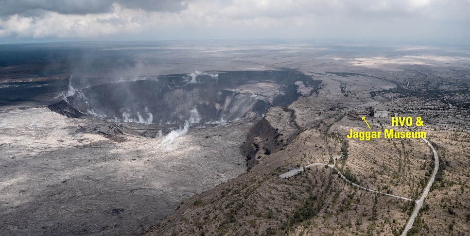 This image was captured during the helicopter overflight on June 18, 2018. It shows the growing Halema‘uma‘u crater viewed to the southeast, with HVO and Jagger Museum sitting on the caldera rim to give a better scale of the ongoing subsidence at the summit. (HVO/USGS)