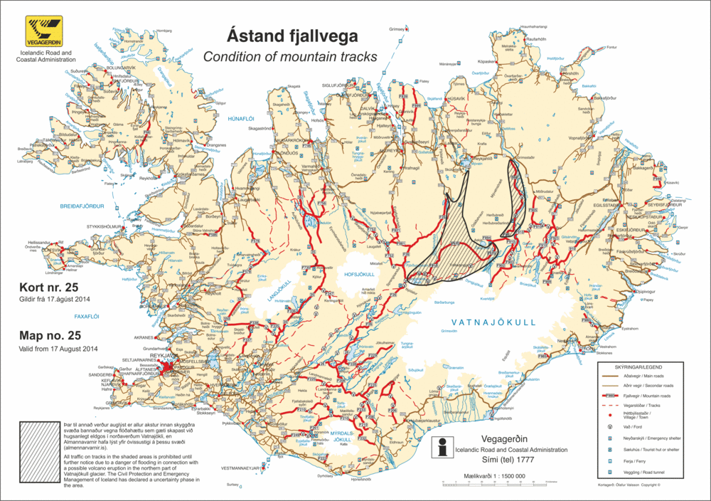 Road map of the closed area near Bardarbunga volcano