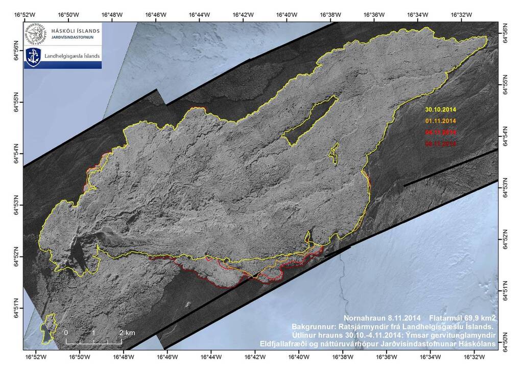 The latest map showing the extent of the lava flow as estimated from radar images. The lava now covers 69,9 km²  (69,5 km² + 0,4 km²). Analysis by the Institute of Earth Sciences (IES).