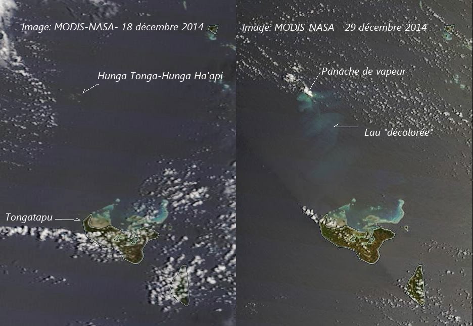 Comparison of satellite images of the area of Hunga Tonga-Hunga volcano from 18 and 29 Dec 2014, showing the plume from underwater activity on the latter (images: NASA / annotations: Culture Volcan)