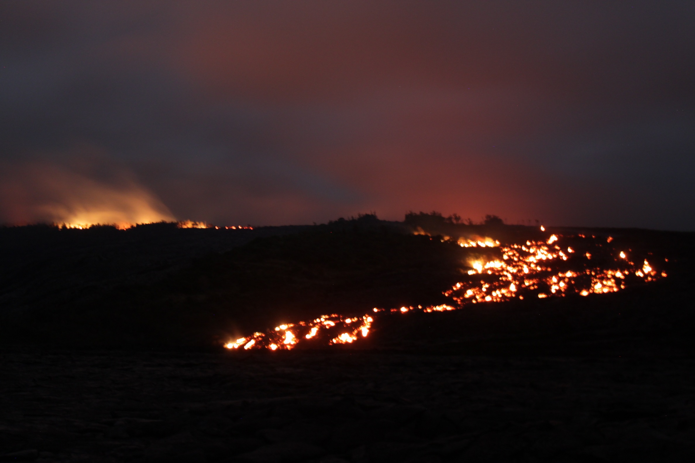 The eastern lava flow branch in the foreground, with the western branch visible cresting the hill in the background and illuminating the smoke from burning trees.
