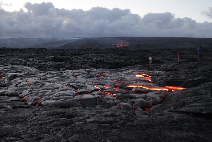 Lava flows on May 16, 2012, with new eastern flow branch visible descending pali in background.