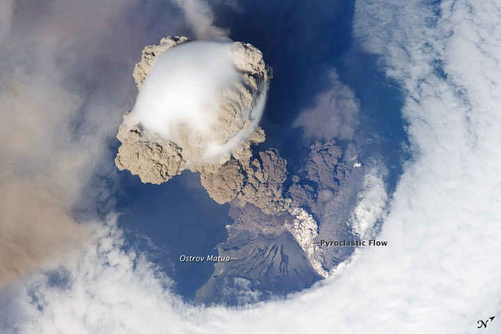This once-in-a-lifetime spectacular image was shot from the International Space Station on June 12, 2009 and shows an early stage of one of the larger eruptions at Sarychev Volcano.