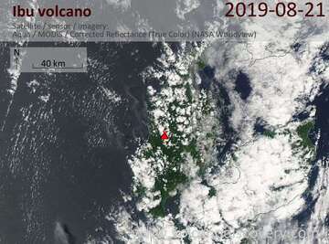Satellite image of Ibu volcano on 21 Aug 2019