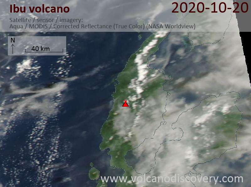 Satellitenbild des Ibu Vulkans am 20 Oct 2020
